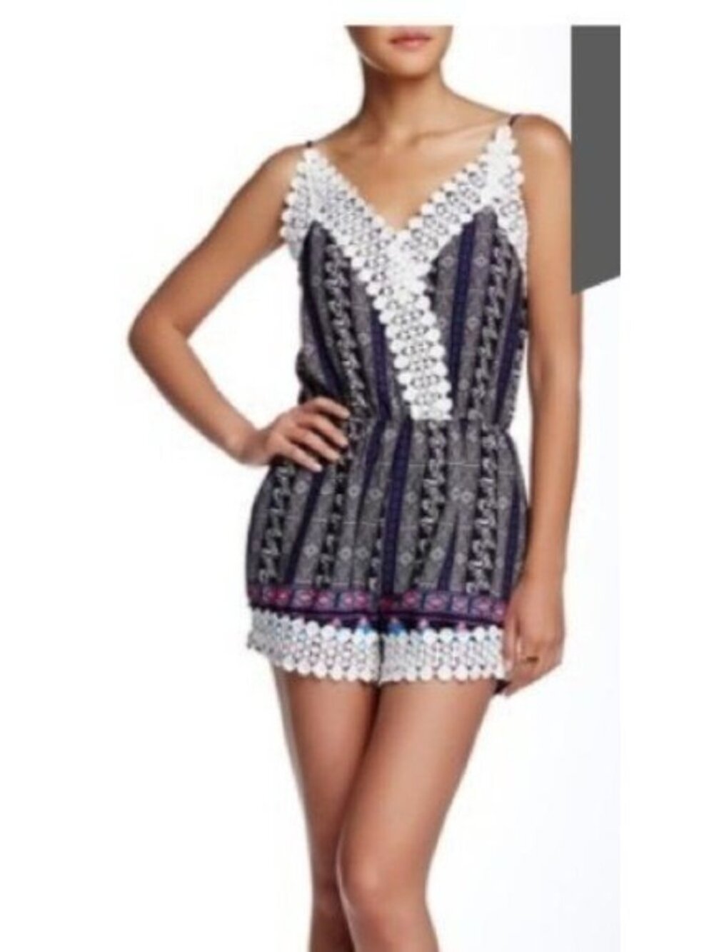 Peach Love California Womens Small Blue & White Boho Crochet Trim Romper